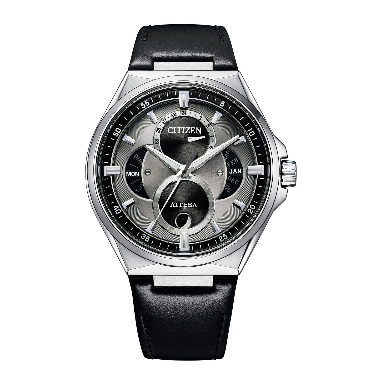 Reloj Citizen Attesa Super titanio con dial plateado para caballero con correa de piel y fase lunar | Elegancia Relojeria
