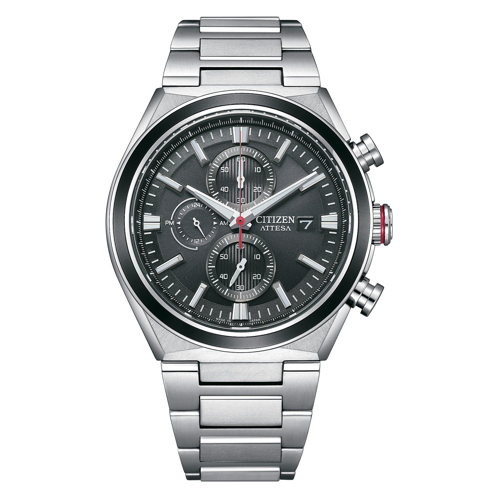 Reloj Citizen Attesa Super titanio con cronógrafo y dial negro detalles en rojo para caballero CA0836-68E | Elegancia Relojeria