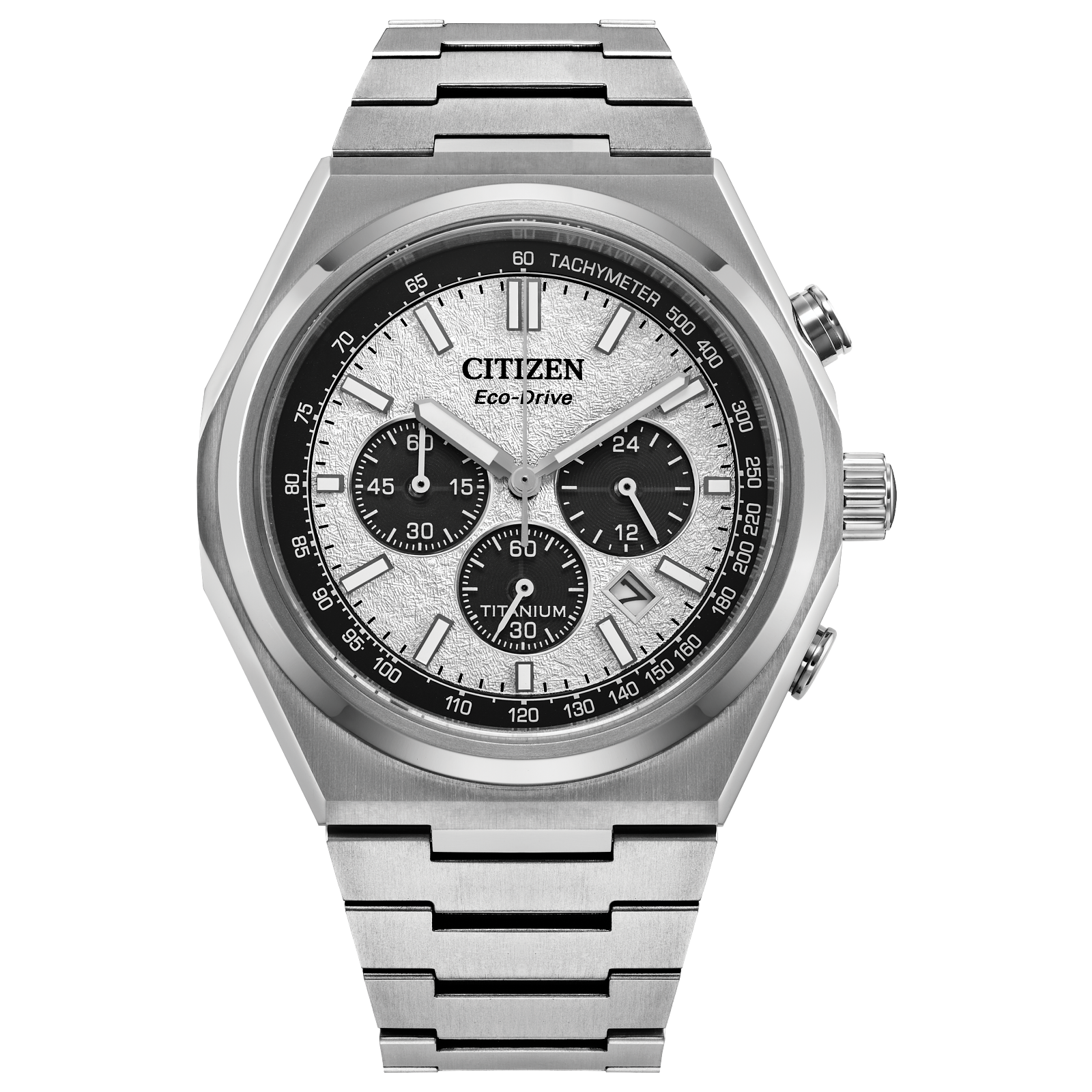 Reloj Citizen Zenshin Chrono color plata Dial plata con caja de 42.5 MM super titanium Eco-Drive CA4610-85A | Elegancia Relojeria
