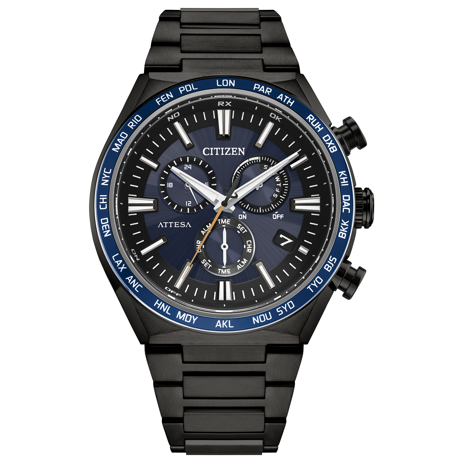 Reloj Citizen Attesa color negro cronómetraje atómico / Súper titanio caja de 42 MM edición regular | Elegancia Relojeria
