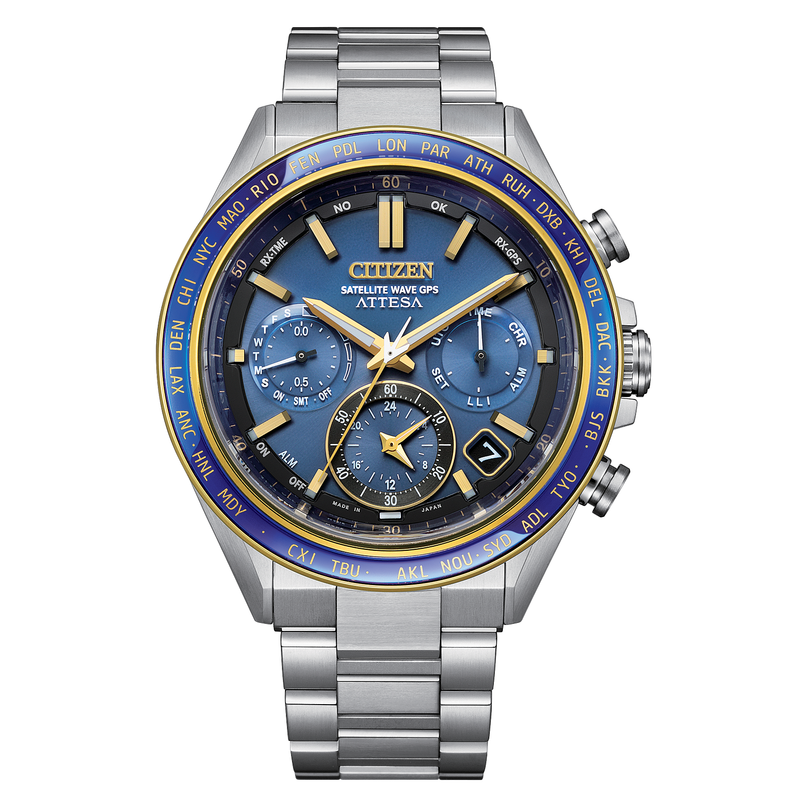 Reloj Citizen Attesa Neptuno cronómetraje satelital y color azul y dorado para caballero edición especial | Elegancia Relojeria