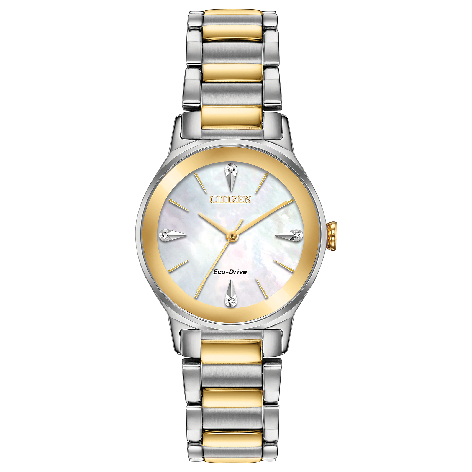 Reloj Citizen Axiom Dorado y acero inox bitono dial blanco y 4 diamantes para dama | Elegancia Relojeria